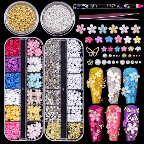 GZMAYUEN 3D Fleur Ongles Charmes et Strass Acrylique Colorées pour la Conception des Ongles, Strass Nail Art Breloques en Perles Plat-Dos