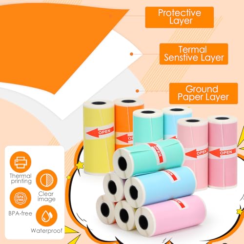 Image of HuiJuKeJi 12 Rolls Mini Printer Sticker Paper Self Adhesive 57x25mm 12 Rolls Color Paper for Inkless Portable Bluetooth Printer for Printing Photos, Notes
