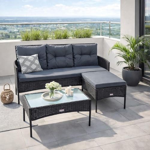 ESTEXO Polyrattan Sitzgruppe Lounge Set Gartenset Rattan Gartenmöbel 3-Sitzer Gartenbank Gartentisch Hocker Schwarz