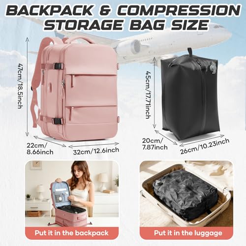 Image of Travel Backpack with Compression Vacuum Storage Bag & Electric Pump, Expandable Flight Approved Carry On Backpack, 18x14x8 inches Personal Item Travel Bag for Men Women, Pink