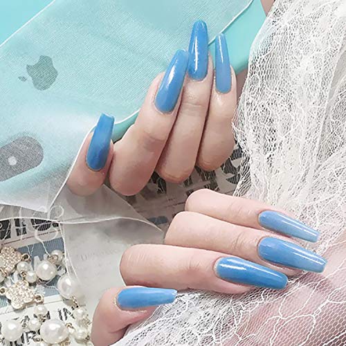 Vaveah 24 Pcs Press on Nails Coffin for Women, Extra Long Fake Nails Glue on Nails, False Nails with Glue (Sky Blue)