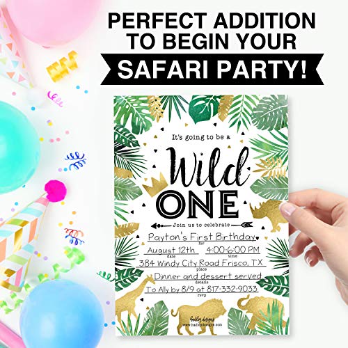 Image of Hadley Designs Kids Birthday Invitations For Boys and Girls Safari Theme - 25 Wild One 1st Birthday Party Invitations For Boys, Jungle Invites For Girls, Cute Animals Party Supplies, Made In USA
