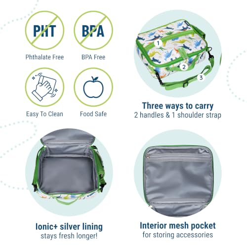 Image of Wildkin Dinosaur Adventures ECO Lunch Box | 11 x 9.5 x 3.5 in insulated rPET lunch box with bottle pocket, interior mesh pocket and removable shoulder strap.
