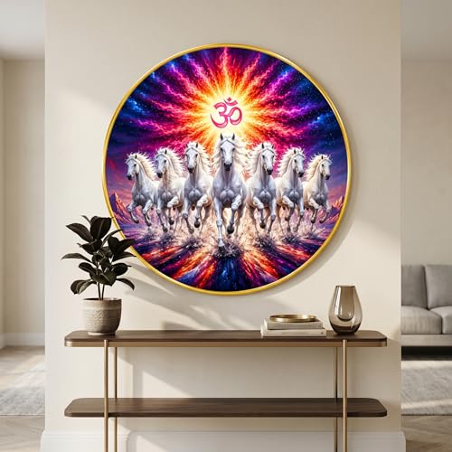 Image of SAF 7 Horse Om Vastu Round Wall Painting with Premium PVC Golden Frame, White Running Horses Colorful Aura Art for Living Room Office Home Decor Gift (20 x 20 Inch) GRL-442