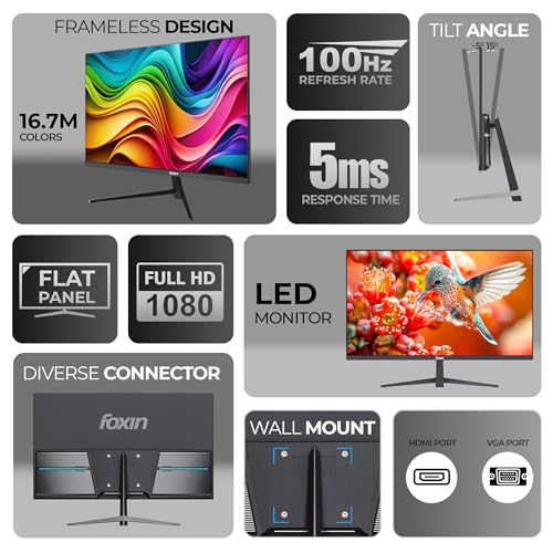 Image of Foxin 24 Inch FHD Flat LED Monitor 1920x1080 Pixel Elite Series | Flat Panel, Built-in Speakers, HDMI & VGA Port, 100Hz Refresh Rate, Frameless, Slim Bezel, Wall Mountable | 3 Years Warranty | Black