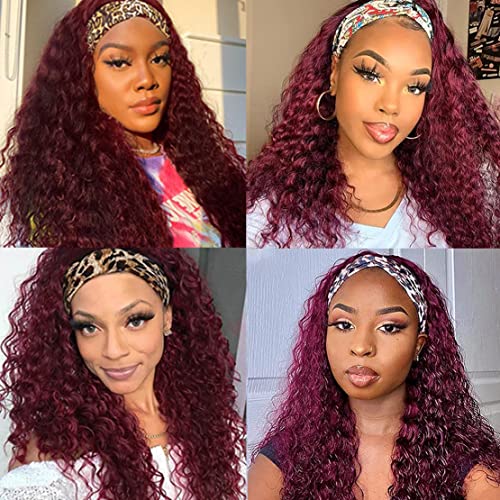 Image of Celiarita Red Burgundy Headband Wig Human Hair Deep Wave Half Wigs for Black Women #99J Wine Glueless None Lace Front Machine Made 150% Density Deep Wave Headband Wigs Human Hair 22 Inch