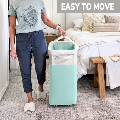 Image of Goodpick Laundry Basket with Wheels, 75L Laundry Hamper with Wheels, Large Laundry Basket with Removable Wash Bag, Clothes Hamper for Laundry, Blue&White