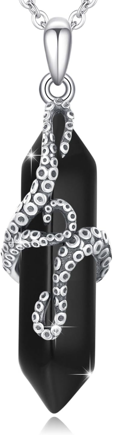 OHAYOO Octopus Tentacles Necklace 925 Sterling Silver Octopus Pendent Necklace Wrapped Obsidian Octopus Jewelry Gifts for Women