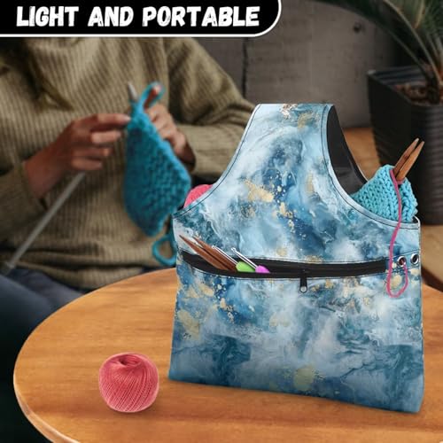 Image of KUIFORTI Yarn Bag, Portable Crochet Bag Organizer Blue Marble Yarn Storage Bag Organizer Knitting Accessories Travel Wrist Bag, Lightweight Yarn Tote Bags for Crocheting on The Go, Large Size