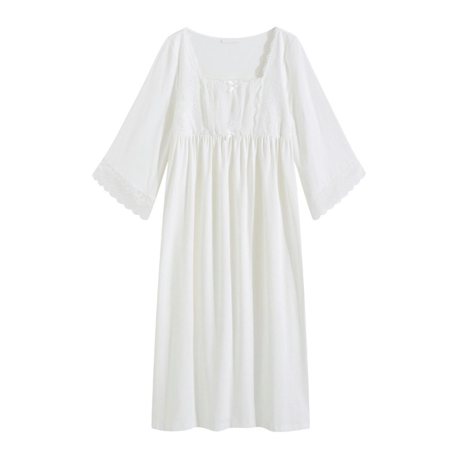 Camicia da Notte Donna Princess Nightdress Women Women Spring And Autumn Long Lace Sweet Girl Cotton Long Dress Lomme-Bianco-XL