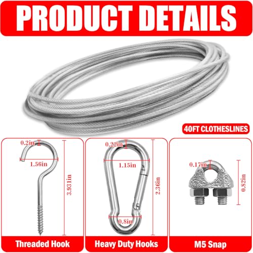 Image of Clothes Line Outdoors 40ft Fixed with Hooks Heavy Duty