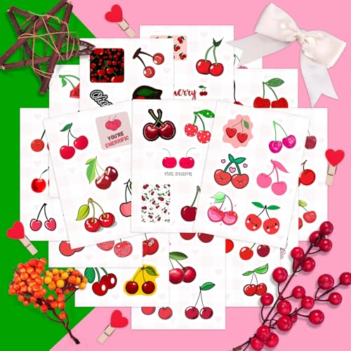 Image of 100Pcs Cherry Stickers for Water Bottle and Laptop - Fruit Party Favors & Decorations, Waterproof Vinyl Nature Decals, Cute Cherry Stickers Laptop Decals, Gifts for Women & Men