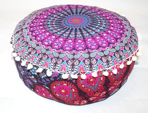 CRAFT KALA Funda de cojín otomana grande con diseño de mandala hippie de pavo real rosa, funda de cojín cuadrada bohemia para suelo, chimenea, yoga, sala de estar, decoración redonda de 18 pulgadas