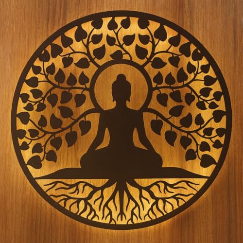 Image of M.K Handicraft Buddha Metal 3D Wall Art 24 IN WIth LED Backlite Wall Hanging with Led Backlight Decorative Showpiece - 60 cm (Iron, LED Backlite Gold) (18 Inch /Black)