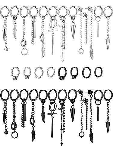 34 Pieces Stainless Steel Dangle Hinged Hoop Earrings Piercing Hoop Huggie Earrings with Long Chain Feather Leaf Dangle