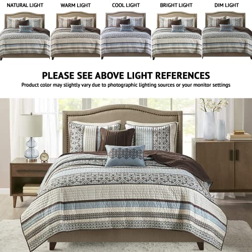 Madison Park Quilt Set Luxurious Jacquard Stripes Design - All Season, Coverlet Bedspread Lightweight Bedding Layer, Shams, Decorative Pillow, King/Cal King(104"X94"), Floral Blue 5 Piece #TOP1