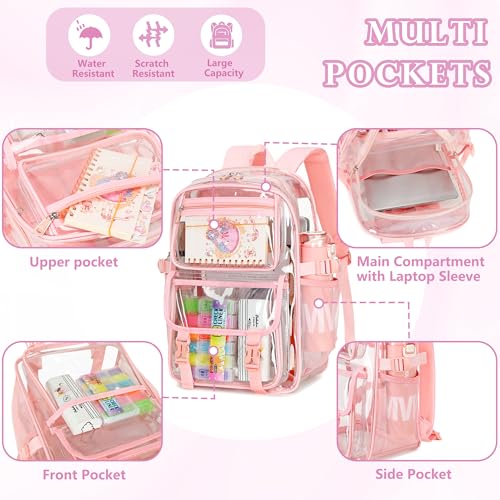 AO ALI VICTORY Large Clear Backpack for Women Men Girls School College Bookbag with Lunch Box Pencil Bag PVC Transparent Backpacks See Through Daypack for Sport Events Stadiums,Work,Travel,Pink Set3