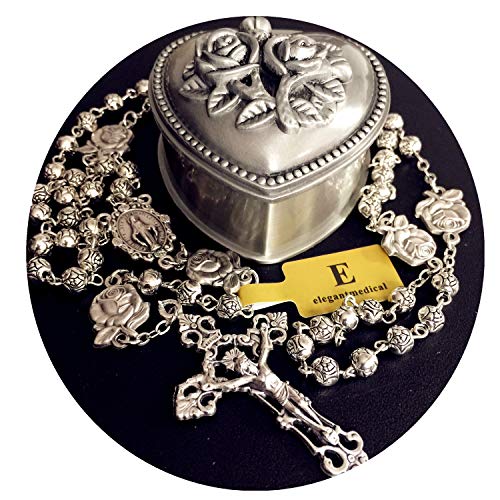 elegantmedical HANDMADE Silver rose beads Catholic 5 DECADE Rosary case Cross Gift Box Italy crucifix cross2