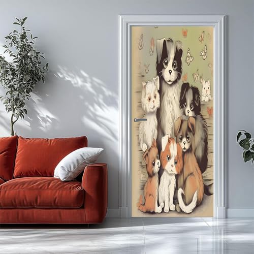 Pegatinas 3D para Puertas de Interior Perro cartoon Animales lindos Mural de Puerta Autoadhesivo, Extraíble, para Dormitorio, Sala de Estar, decoración del Hogar, 80 X 200 Cm