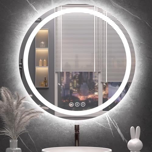 Image of Round LED Bathroom Mirror with Lights, Backlit & Front Lighted, Wall-Mounted Vanity Mirror 3000K /4000K /6000K, Memory Functions, Anti-Fog, Dimmable Smart Mirror (Round 30 inch x 30 inch)