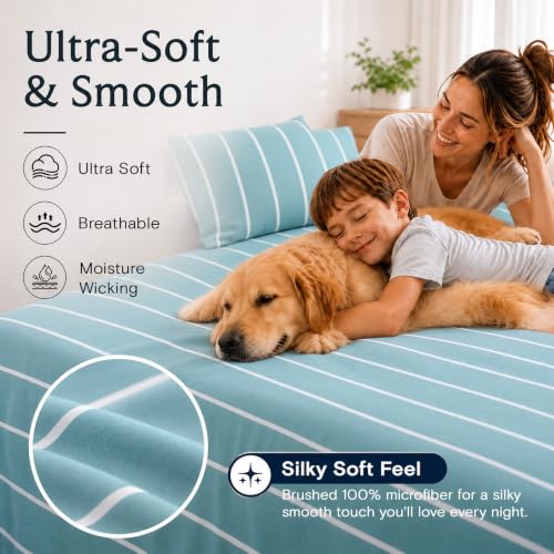 Image of Queen Size Striped Sheets, Deep Pocket Soft & Cooling Bed Sheet Set, 4PC