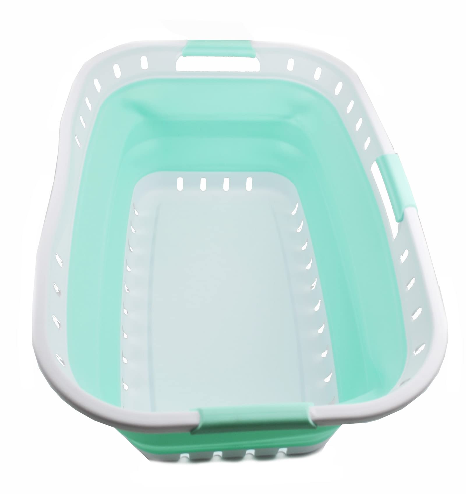 SAMMART 44L Collapsible Plastic Laundry Basket - Foldable Pop Up Storage Container/Organizer - Portable Washing Tub - Space Saving Hamper/Basket (1, White/Light Green)