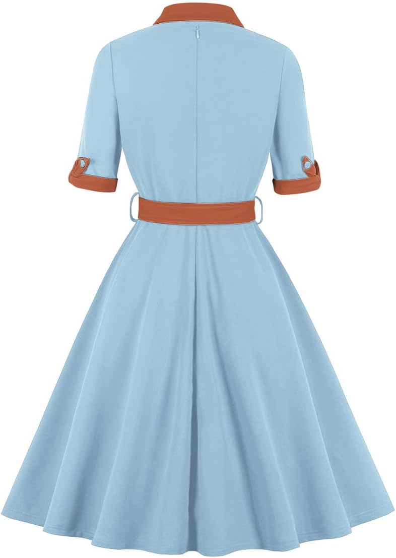 Women 1/2 Sleeve Sailor Tie Neck 1940s Vintage Dress 50s Audrey Hepburn Rockabilly Cocktail Swing Dress with Belt 1950s Tea Party Dress for Woman Wedding Prom A-Line Evening Dress Light Blue+Brown XL - Image 2
