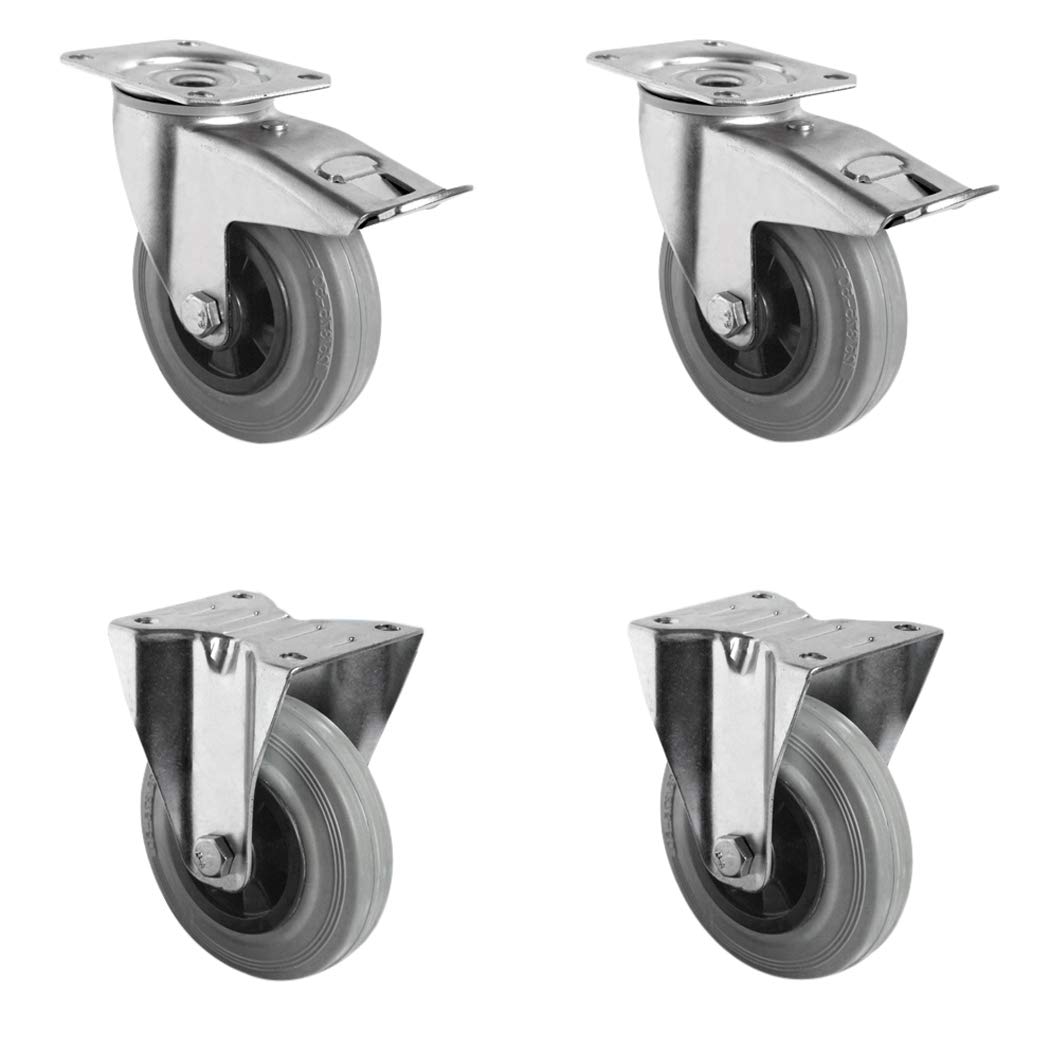 SETTBFB100P4R2R0N Rollensatz 2 Lenkrollen mit Feststeller, 2 Bockrollen, Polypropylen, Vollgummi, Durchmesser 100 mm, Transportrollen, Rollenlager, Traglast 225 kg (4-er Pack)