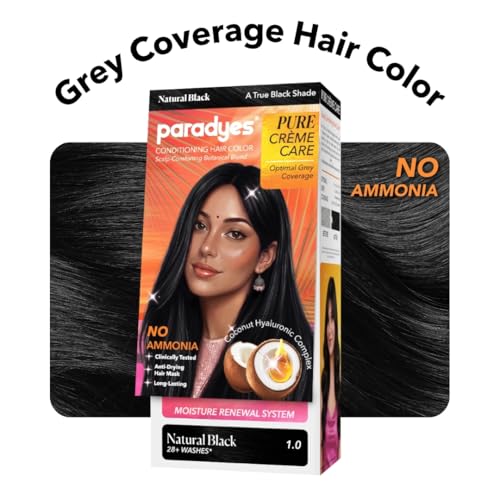 Image of Paradyes Pure Creme Care No Ammonia Hair Color Natural Black 1.0 | Long-Lasting Creme Formula | Grey Coverage | Coconut Milk + Almond Oil + Hyaluronic Complex | Smooth & Shiny Finish | 60g+10 ml