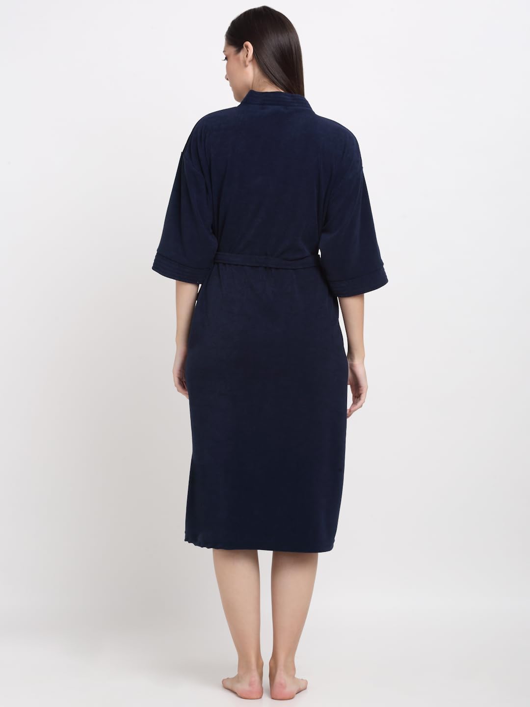 CREEVA Everyday Unisex Micro Terry Bathrobe Collection With kimono collar and 1 Pocket, 3/4 Sleeve Bath Robe Super Soft Light Weight - Navy - Image 3 thumbnail