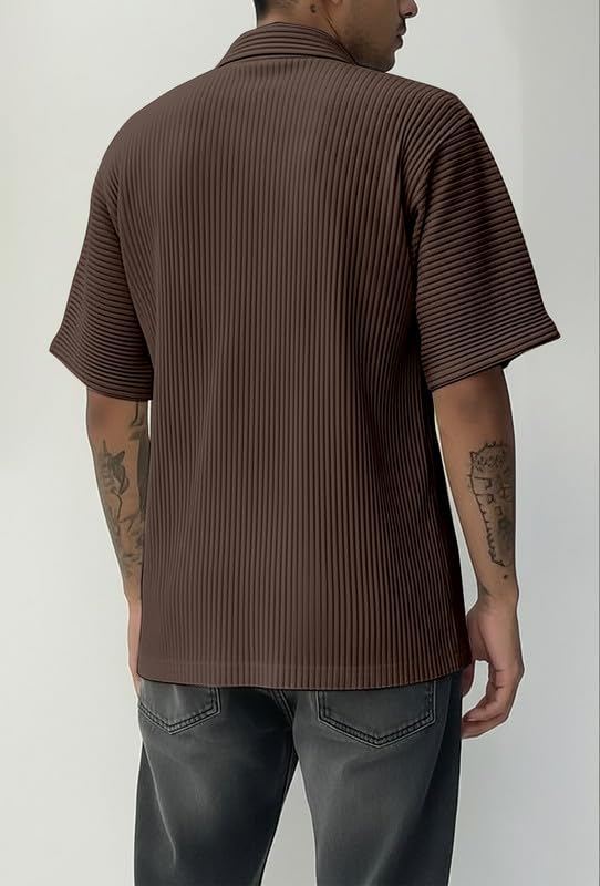 Image of MiraMichi Men's Regular Fit Long Shirt - Corduroy Fabric, Striped Pattern, Half Sleeves, Ideal for Casual