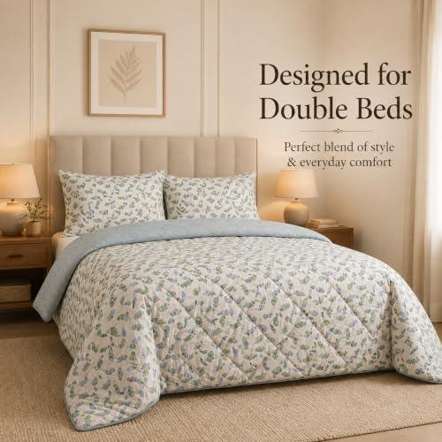 Image of Signature Reversible AC Comforter Set 350 GSM,Soft Microfibre King Size Quilt Blanket for Winter (Mint Meadow, Double Bed)