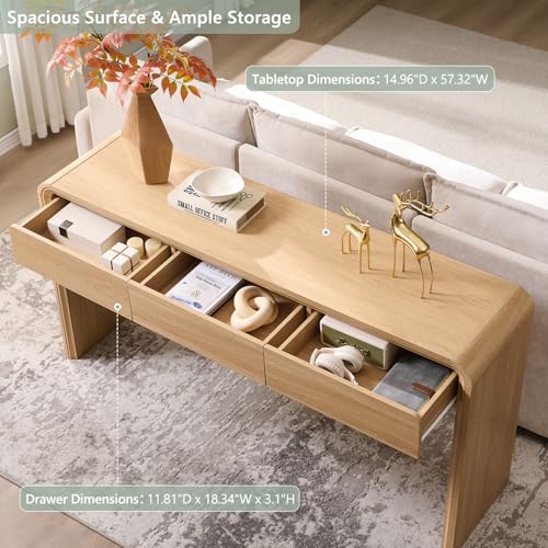 Aitjunz 63'' Console Table with 3 Drawers, Modern Entryway Table with Curved Profile Design, Narrow Long Wood Sofa Table Behind Couch Table for Living Room, Hallway, Foyer, Natural - Image 5