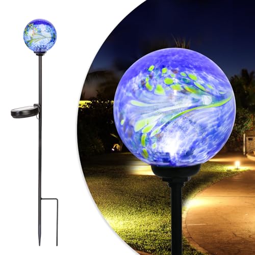 Solar Lights Outdoor Decorative Solar Outdoor Decorative Glass Ball Stakes Waterproof Garden Stake Glass LED Garden Globe Lights for Pathway Yard Lawn Decoration Blue
