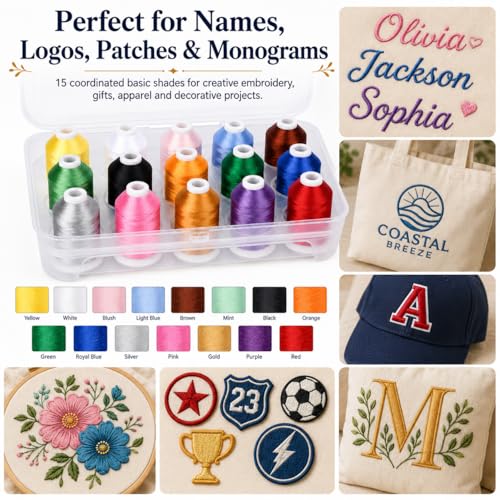 Image of Simthread 15-Color Polyester Embroidery Thread Set, Basic Color Series | 15 coordinated 1000M polyester spools for machine embroidery, quilting, patches, monograms and everyday sewing.