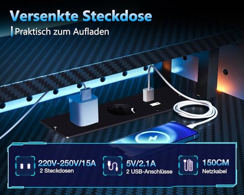 Coleshome Gaming Tisch mit LED-Beleuchtung & Steckdose, Gaming Schreibtisch mit Schubladen, Computertisch mit Ablageflächen & Monitorständer, Carbon Fiber Schwarz, 151×50 cm – Bild 6