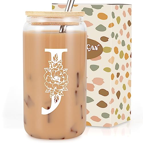 Coolife Initial Glass Cup, Monogrammed Gifts for Women, 16 oz Glass Cups w/Lids Straws, Iced Coffee,...