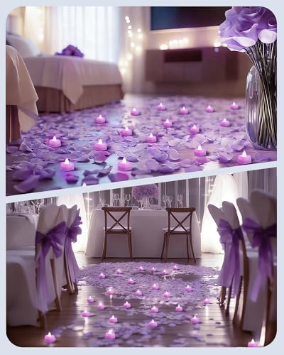 Image of Amagic 2000 Pieces Light Purple Artificial Rose Petals with 24 Light Purple LED Tea Lights, Rose Petals and Candles Set for Proposal, Anniversary, Romantic Night, Wedding Decor