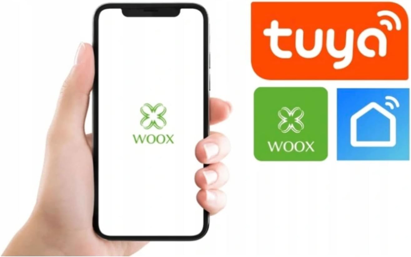Smartphone displaying WOOX Home app and Tuya Smart app logos