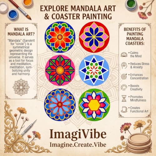 Image of ImagiVibe Premium Mandala Coaster Painting Kit for Kids & Adults | DIY Mandala Art | 6 Pre-Marked Wooden 4 Inch MDF Coasters with Stand | Creative Art & Craft Activity | Gift (Mandala - Tempera Paint)