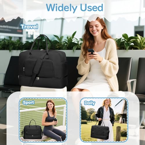 Image of Travel Duffle Bag,Weekender Bags for Women with Shoe Compartment Personal Item Travel Bag Carry on Overnight Bags For Airplanes Gym Duffel Bag with Wet Pocket Hospital Bag for Labor and Delivery Black