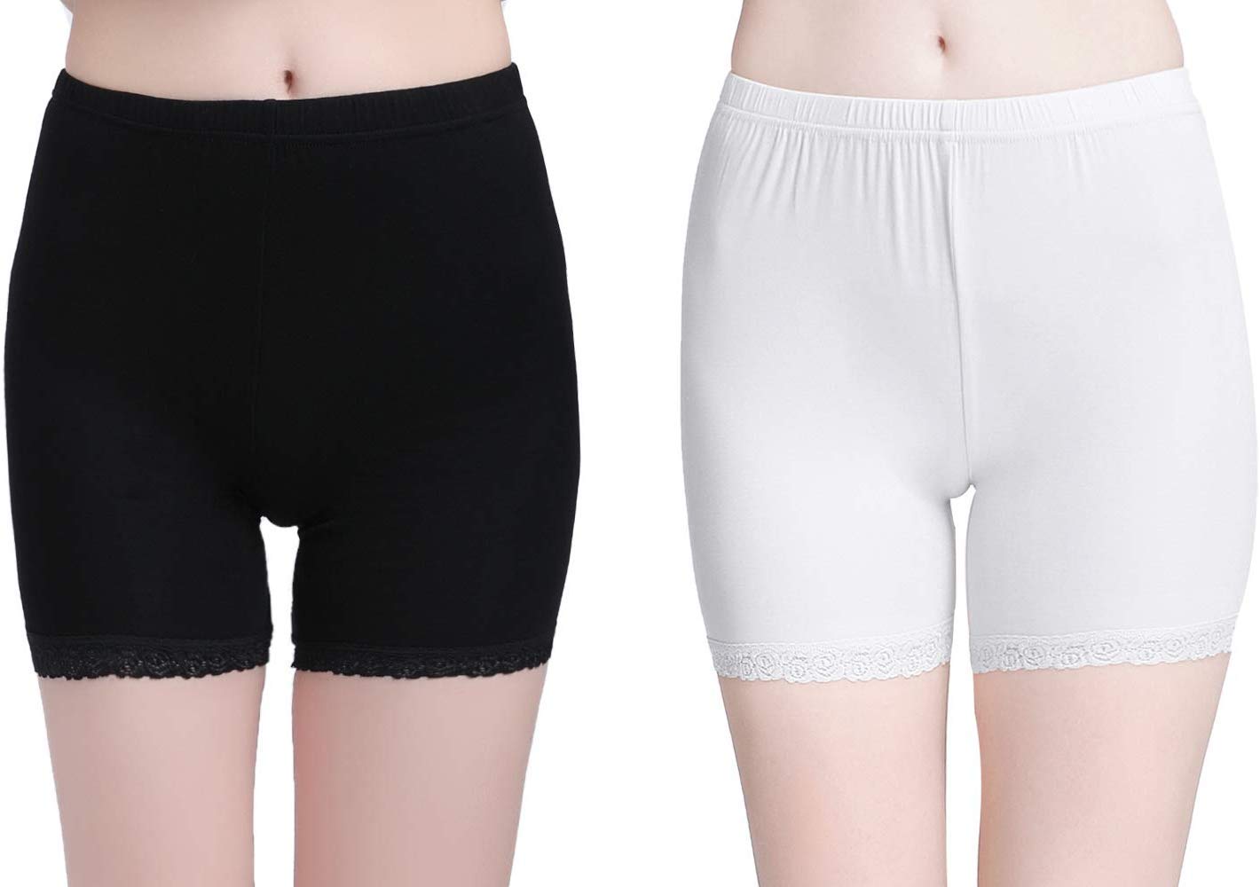 GLAMORASWomen's Girl's 4 Way Stretch Cotton Short Length Lace Cycling Shorts/Yoga Shorts/Under Skirt Shorts/Safety Shorts,Free Size (Pack of 2)
