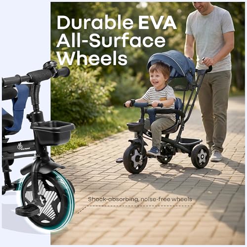 Image of R for Rabbit Tiny Toes R40 Ace Tricycle for Kids with Parental Control, EVA Wheels, Bell, Adjustable Canopy & Storage Basket | 360 Reversible Seat | Baby Trike for 2-5 Year | Upto 25Kg (Denim Blue)