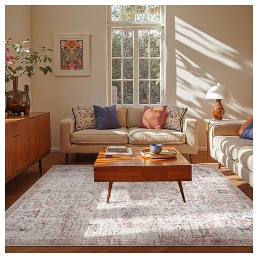 jinchan Area Rug 6x9 Washable Living Room Rug Vintage Indoor Large Floor Cover Retro Accent Mat Distressed Floral Country Boho Non Slip Thin Carpet for Bedroom Kitchen Dining Room Office Red Multi