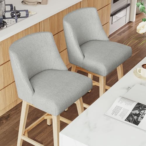 Image of Swivel Counter Height Bar Stools Set of 6, Modern Fabric Swivel Barstools with Contoured Back and Solid Wood Legs, Upholstered Counter Stool Bar Chairs for Kitchen Island, Home Bar, Grey