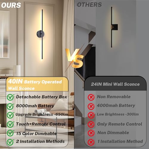 Image of 8000mah Detachable Battery Operated Wall Sconces Set of two, 40 Inch Rechargeable Wall Sconce With Remote & Touch, RGB 15 Colors Dimmable Wireless lamp for Bedroom, Living Room, Hallway Decor, Black