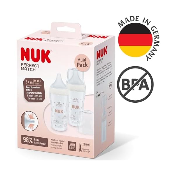 NUK Perfect Match Babyflaschenset | Ab 3 Monate | Passt sich dem Baby an | Temperature Control | Anti-Colic | 260 ml | BPA-frei | Silikontrinksauger, Medium | Regenbogen | 2 Stück – Bild 7