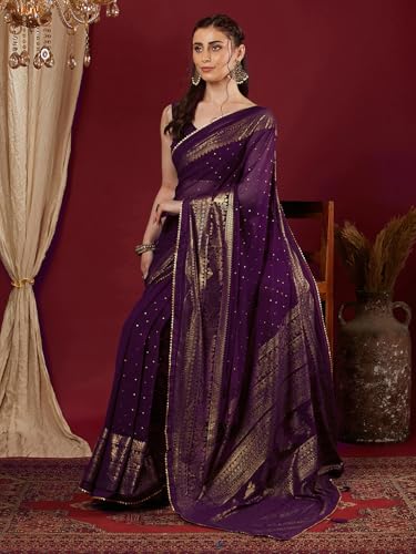 Image of SAMAH Women's Georgette Foil Printed Lace Work Saree with Unstitched Blouse Piece