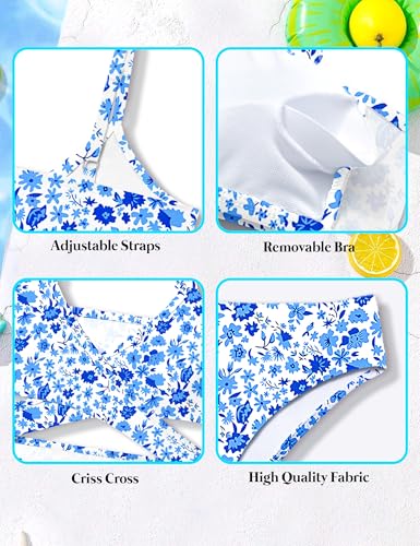 Image of Girls Swimsuit Bikini Set,Criss Cross Bathing Suits for Girl Two Piece Solid Color Girls' Swimwear for 7-16 Years