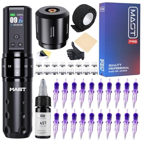 Mast Tattoo Gun Kit, Fold2 Pro Wireless Rotary Tattoo Pen Machine, 7 Real Strokes Length, Mcore Powerful Motor, Tattoo Battery Power Supply, Tattoo Needles Cartridges, Black Ink for Tattoo Aritsts Cover